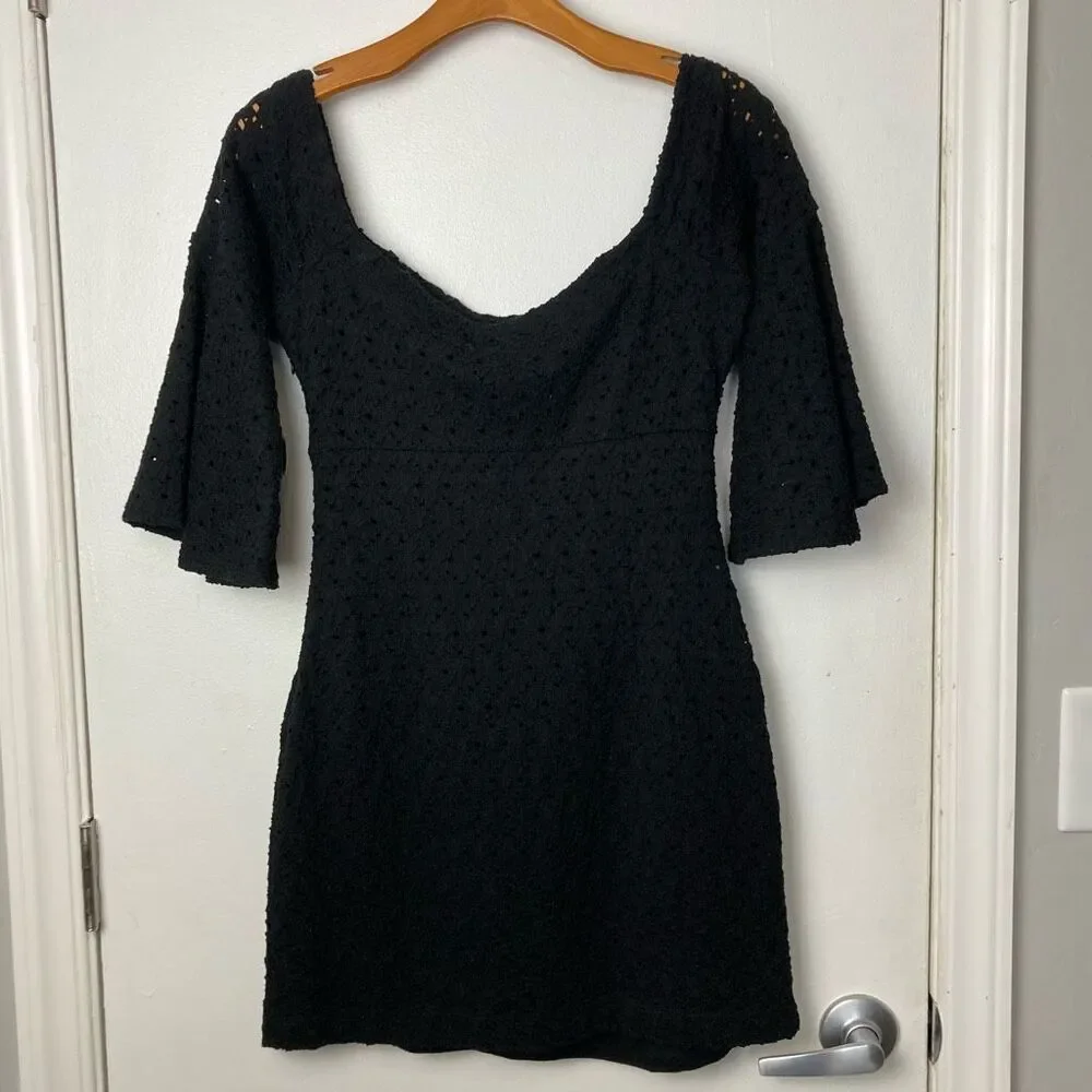Free People‎ NWT Sophia Black Eyelet Off Shoulder Bell Sleeve Boho Mini Dress S